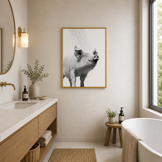 Cute Shower Pig Poster – Happy Bathroom Wall Art