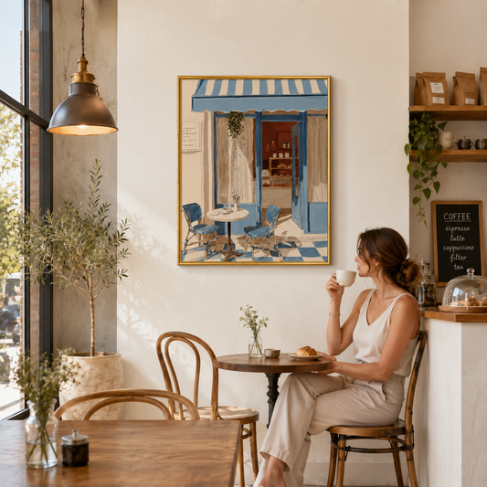 Blue Awning Café Poster – Mediterranean Café Wall Art