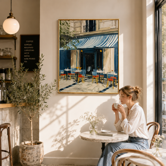 Blue Awning Café Poster – European Bistro Wall Art