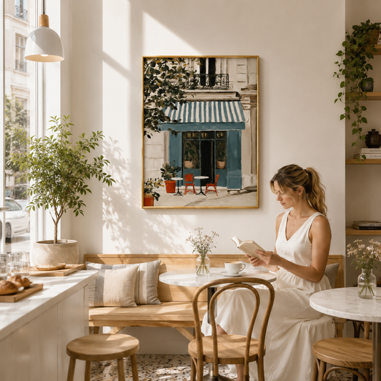 Blue Stripe Café Poster – Parisian Bistro Wall Art