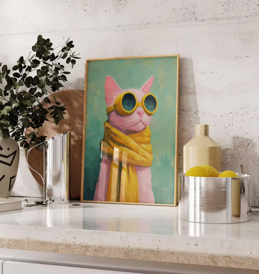 Cool Cat Poster, Funky Animal Wall Art, Pink Cat in Sunglasses Print, Quirky Pop Art Illustration, Fun Pet Lover Home Decor