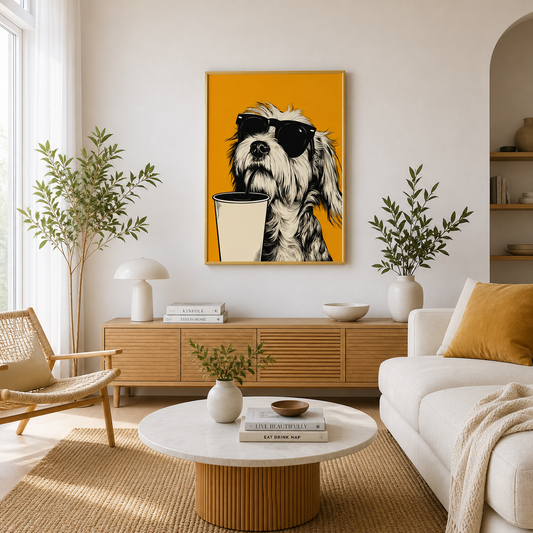 Cool Coffee Dog Poster – Black & Yellow Minimal Wall Art
