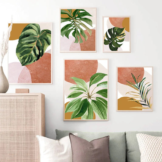 Tropical Green Watercolor Leaves Poster – Scandinavian Boho Wall Art