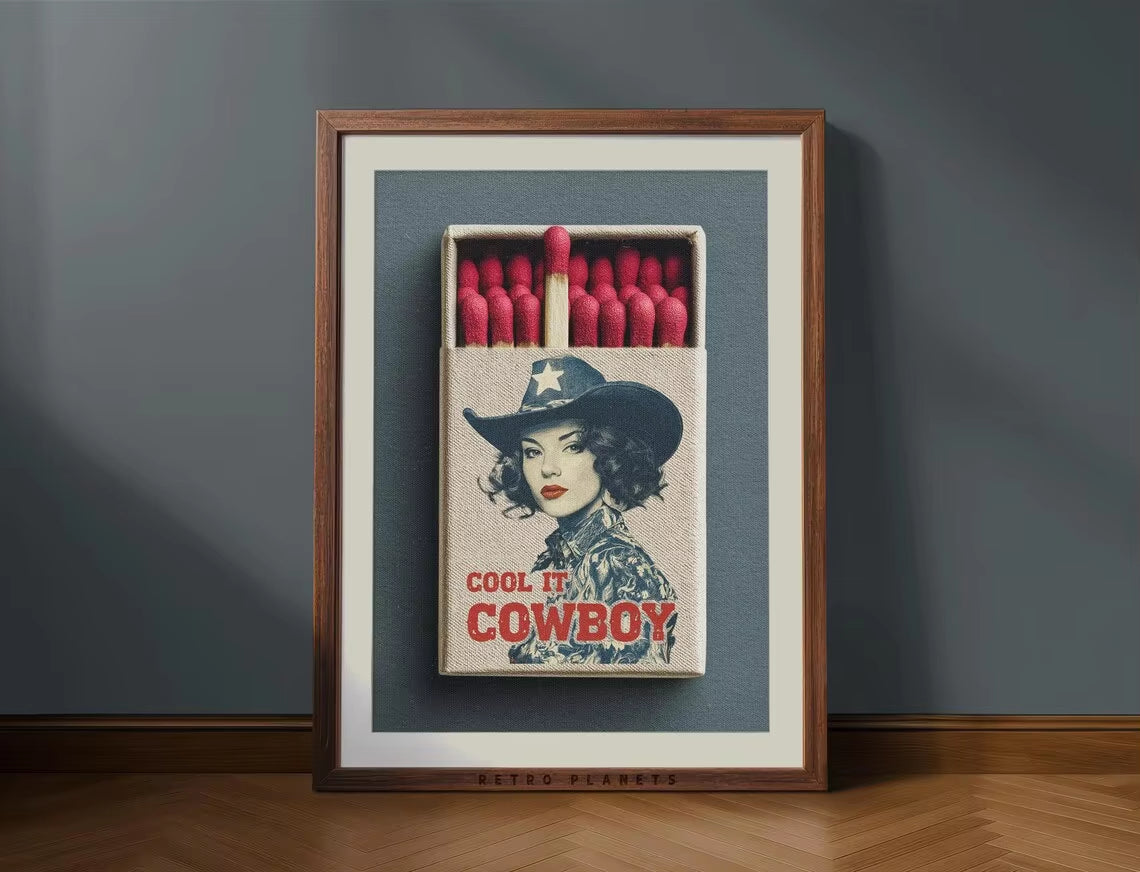 Cool It Cowboy Matchbook Print, Coastal Cowgirl Millennial Granddaughter Toile Chinoiserie Cobalt Blue White Poster Western Deco