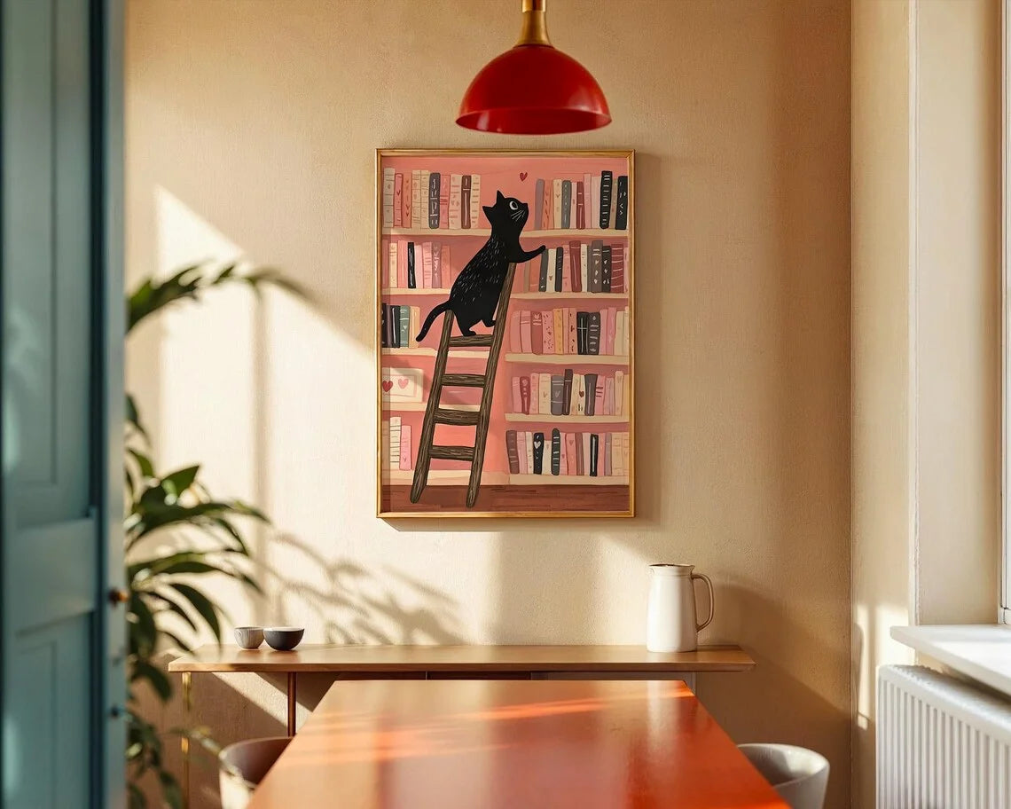 Black Cat Library Wall Art Pink Bookshelf Illustration Valentine Reading Poster Cozy Nursery Decor Book Lover Printable Digital