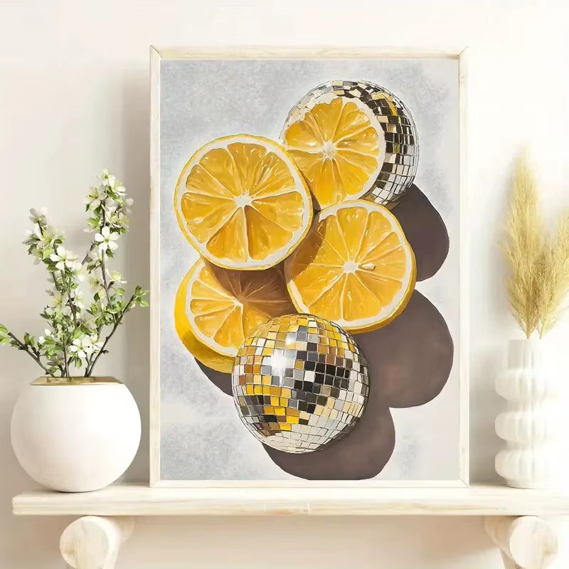 Retro Disco Lemon Art Print Wall, Artistic Creative Fruit-Themed Decoration, Lemon Kitchen Decoration the Living Room Bedroom