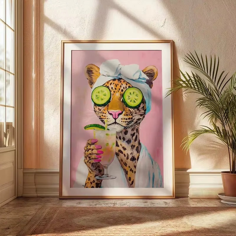 Retro Fun Leopard Print Wall Painting Poster Cucumber Fashion Glasses Towel Design Pink College Style Summer Bathroom Home Decor