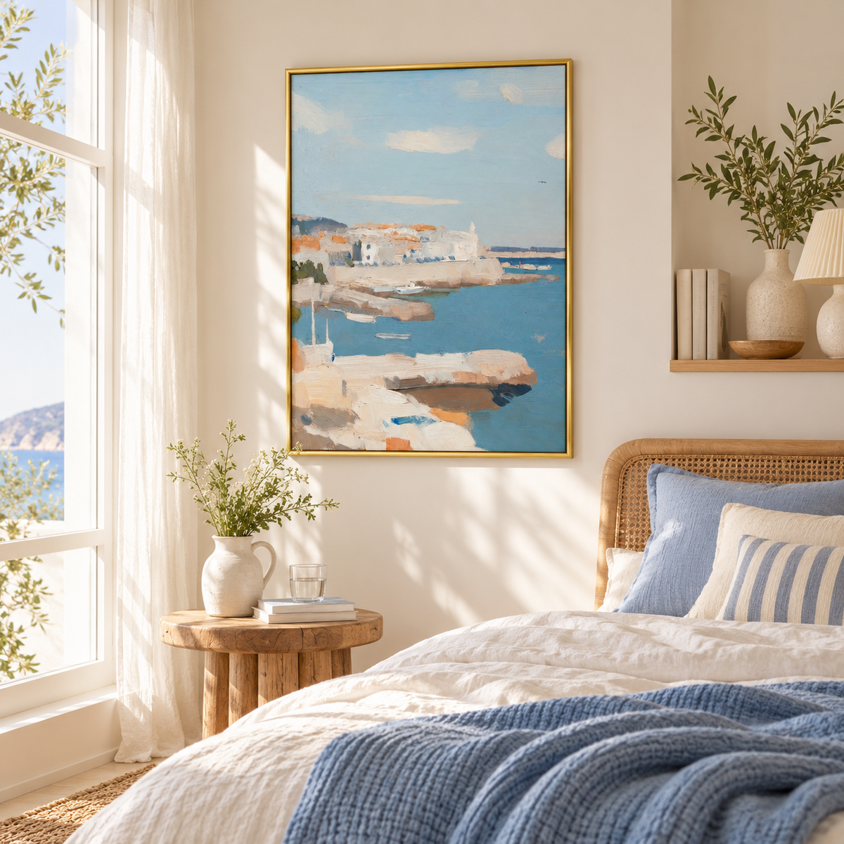 Quiet Mediterranean Harbour Coastal Landscape Poster