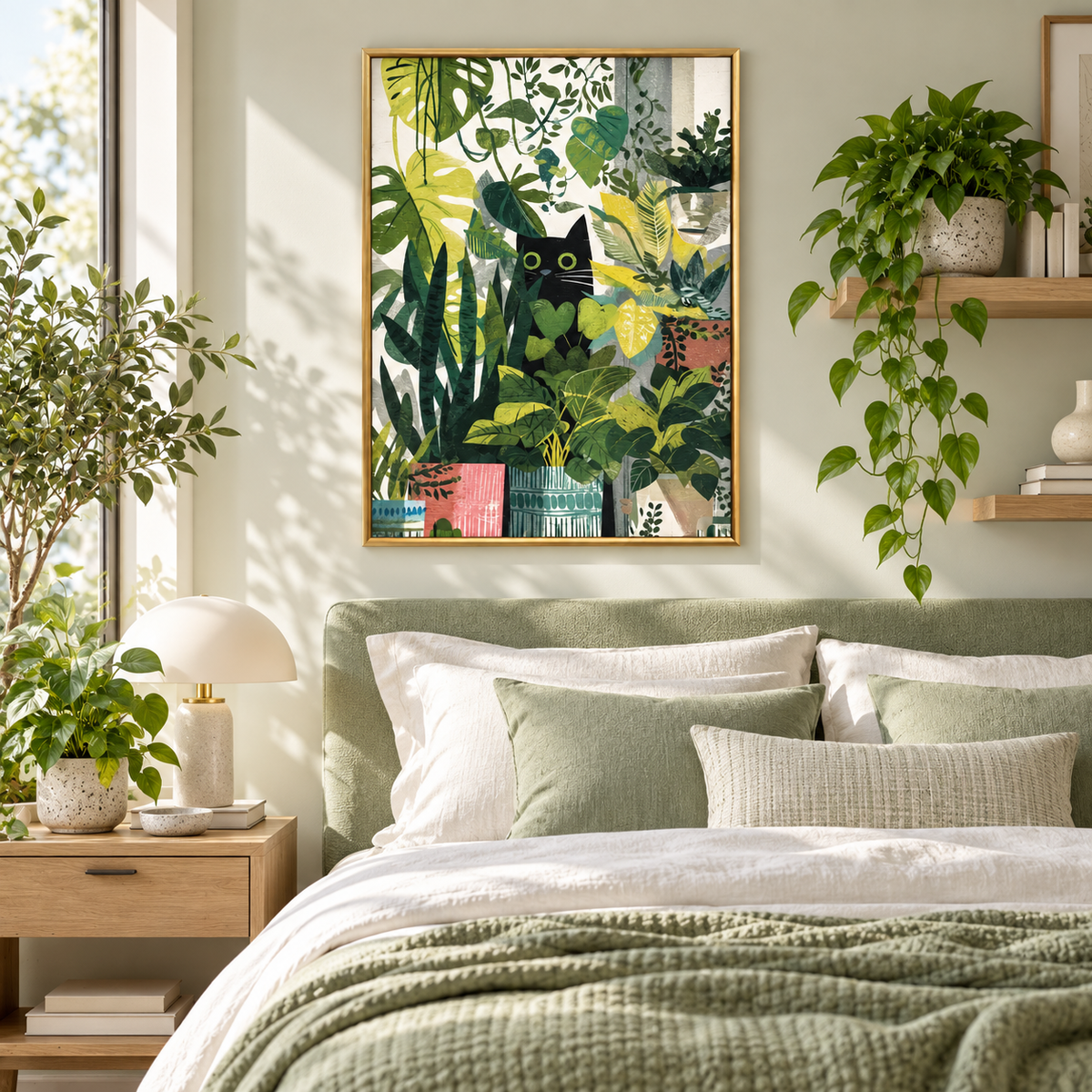 Hidden in the Green Black Cat Botanical Poster