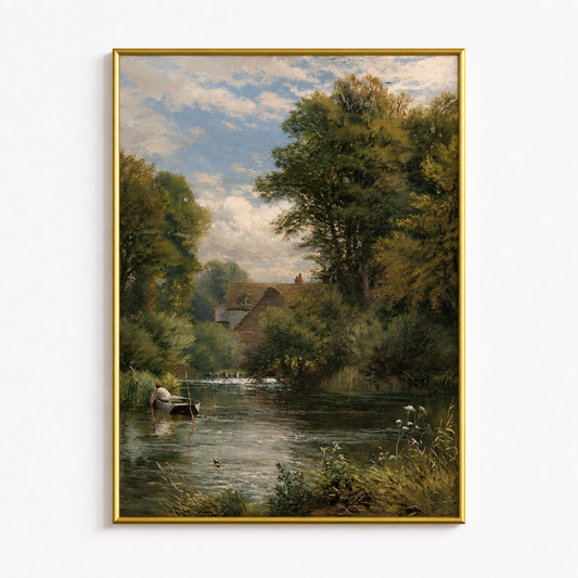 Riverside Cottage Poster – Peaceful Countryside Landscape Wall Art