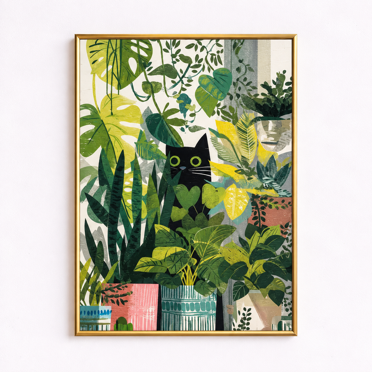 Hidden in the Green Black Cat Botanical Poster
