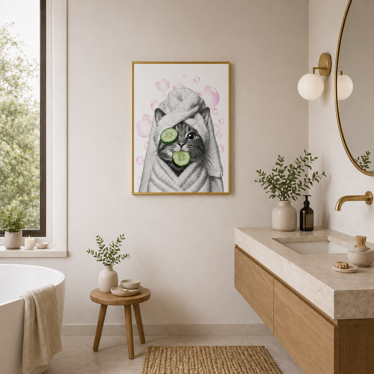 Cute Spa Cat Poster – Self Care Bathroom Wall Art