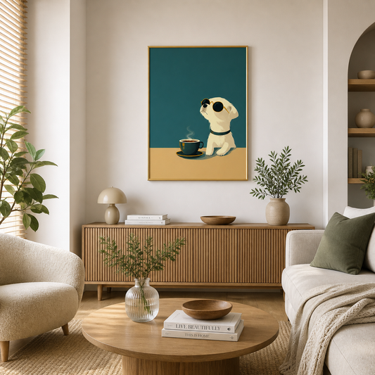 Minimal Coffee Dog Poster – Calm Aesthetic Wall Art