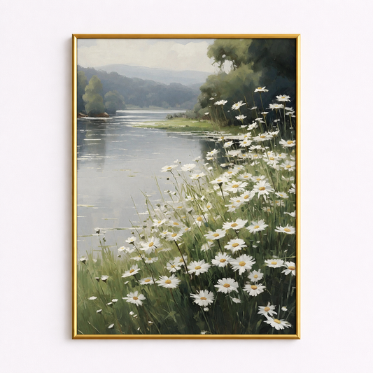 Lakeside Daisies Poster – Serene Nature Landscape Wall Art