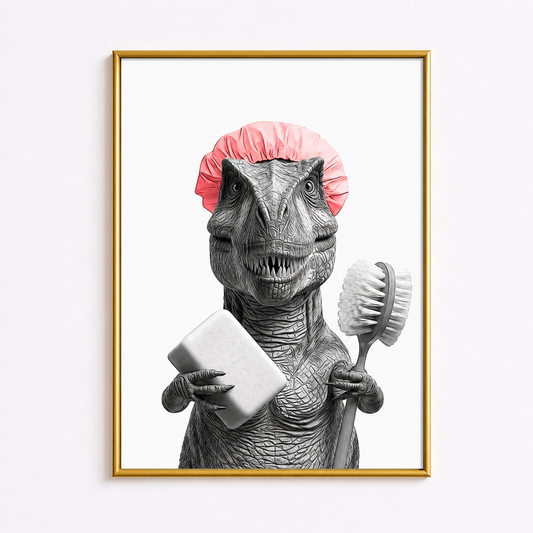 Funny Shower Dinosaur Poster – Bathroom Humor Wall Art