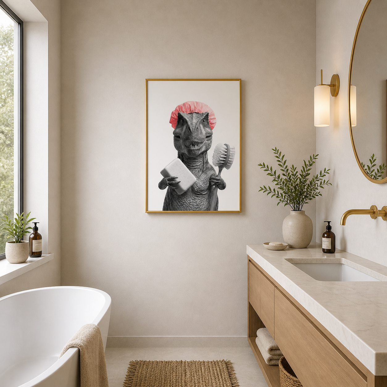 Funny Shower Dinosaur Poster – Bathroom Humor Wall Art