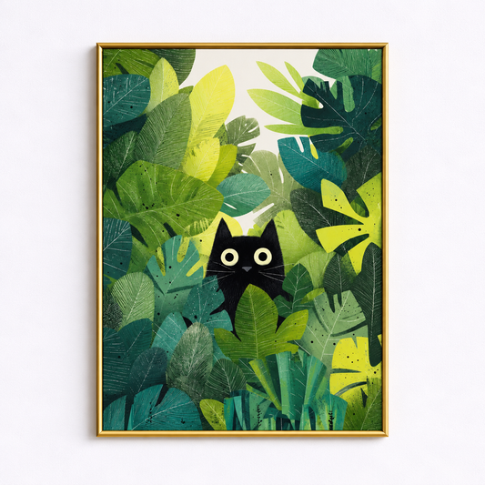 Jungle Peek Black Cat Botanical Poster