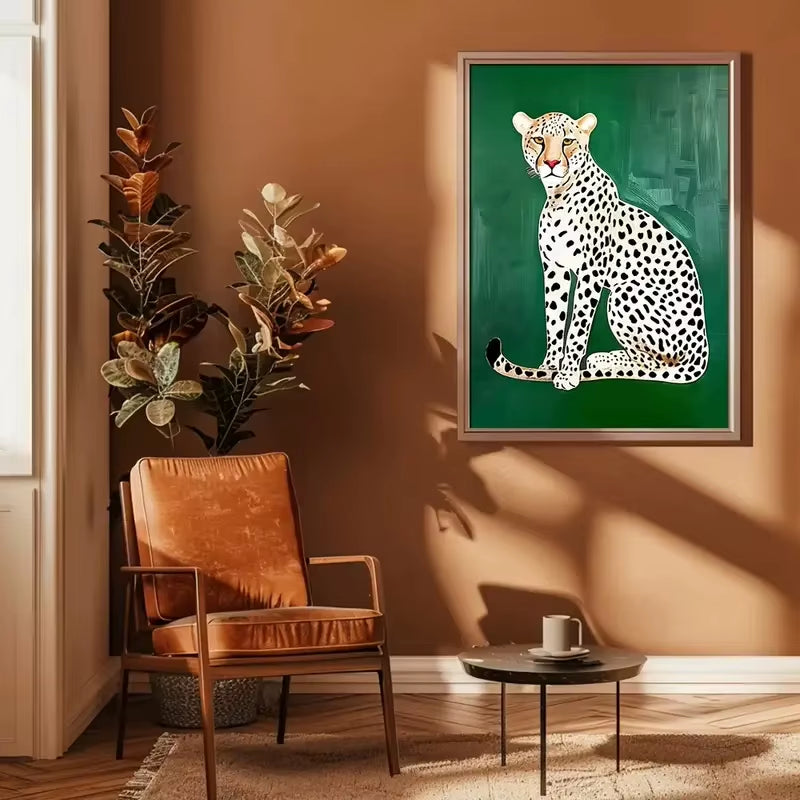 Simple Green Leopard Canvas Poster Picture Wall Art, Modern Bedroom and Living Room Home Decoration Style, Animal Theme