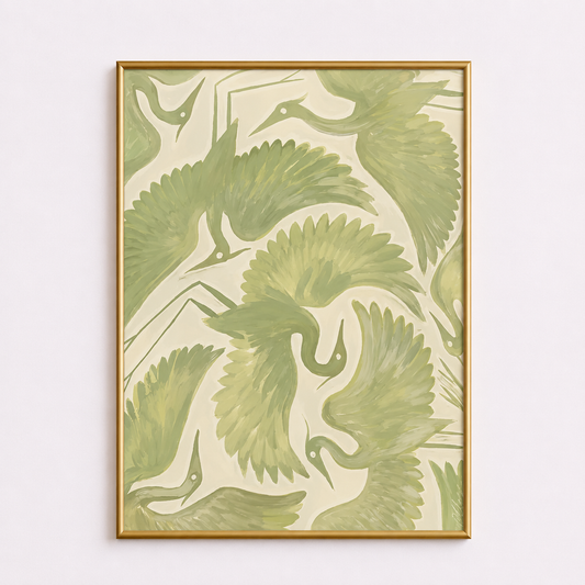 Sage Crane Harmony Poster – Botanical Bird Wall Art