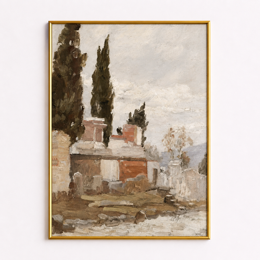 Cypress Courtyard Poster – Rustic Mediterranean Village Wall Art