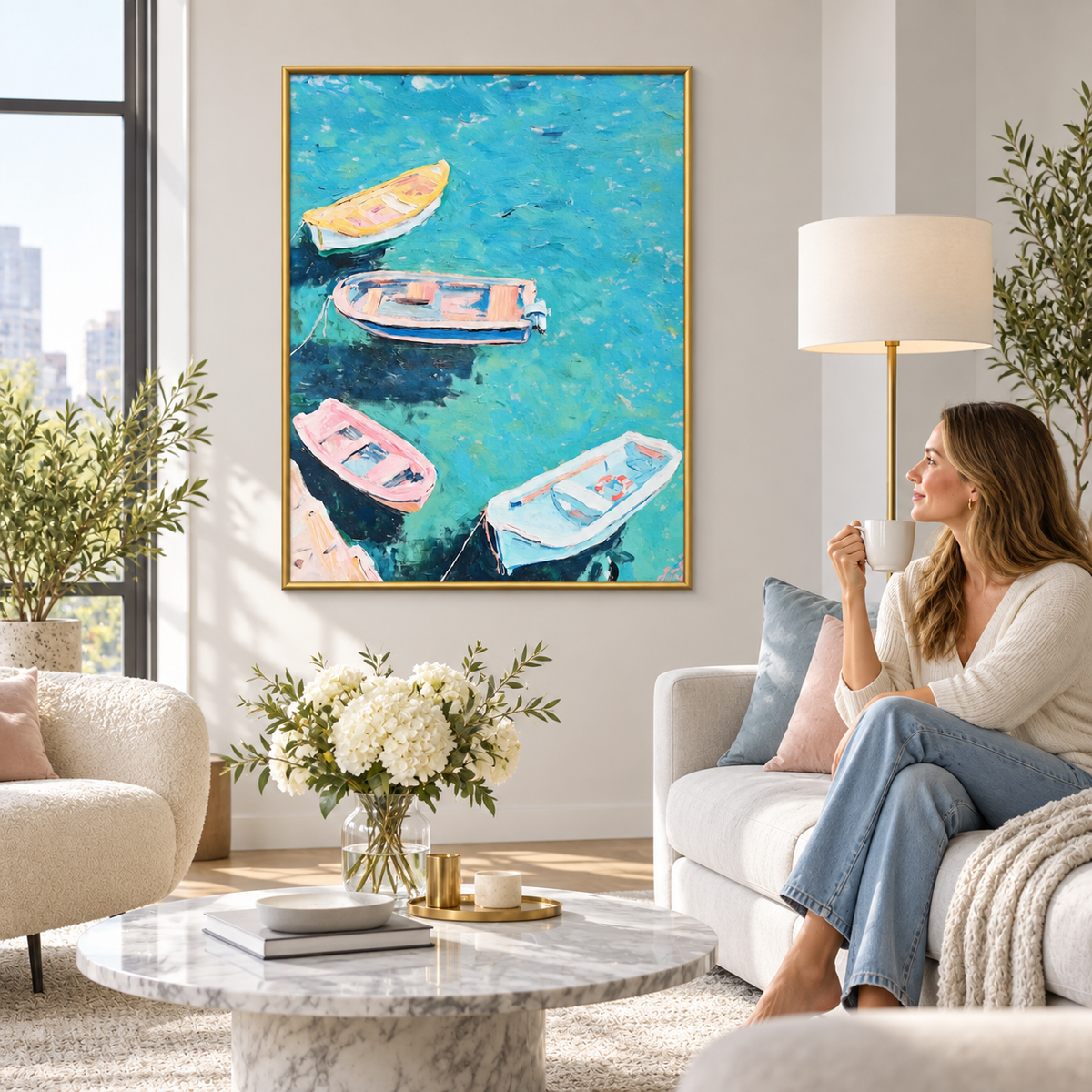 Drifting in Turquoise Coastal Boats Poster
