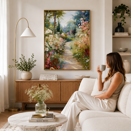 Sunlit Garden Path Poster – Impressionist Floral Landscape Wall Art