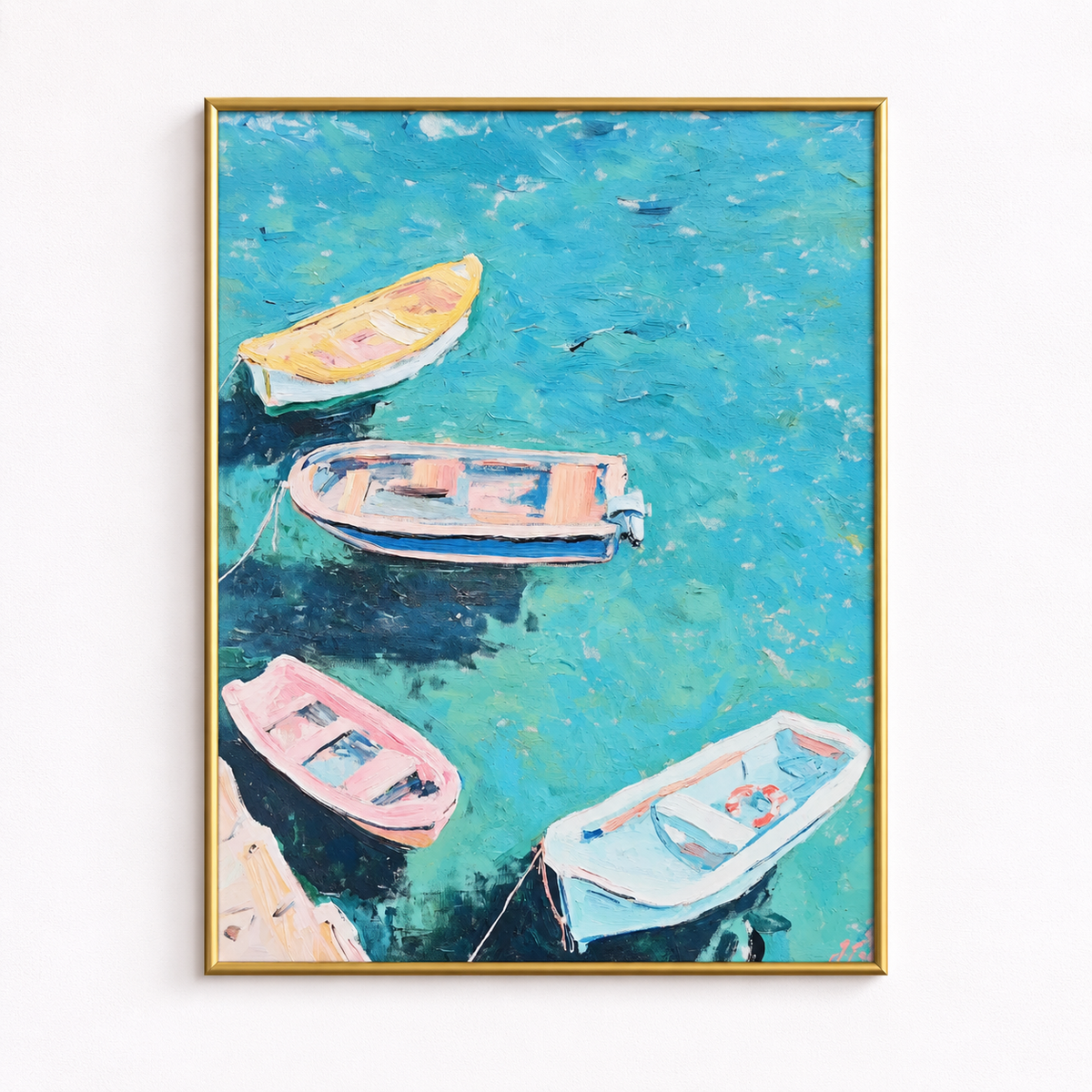 Drifting in Turquoise Coastal Boats Poster