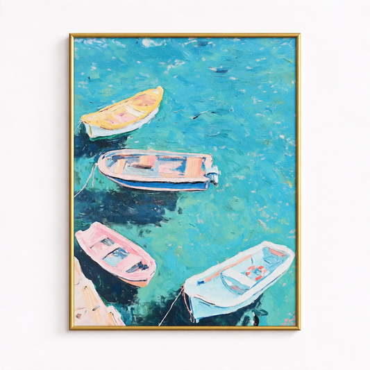 Drifting in Turquoise Coastal Boats Poster
