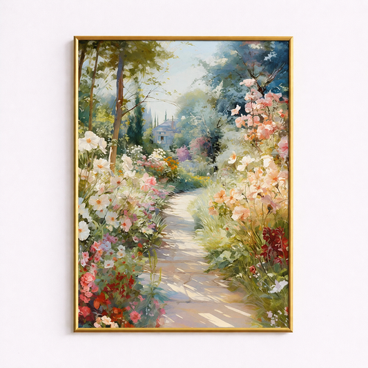 Sunlit Garden Path Poster – Impressionist Floral Landscape Wall Art