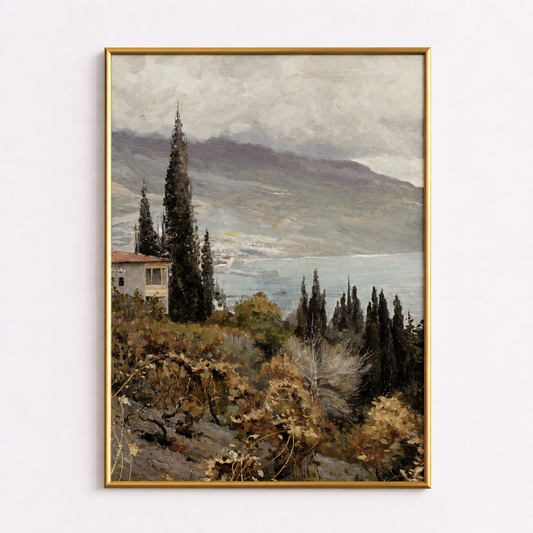 Lakeside Cypress Vista Poster – Mediterranean Landscape Wall Art