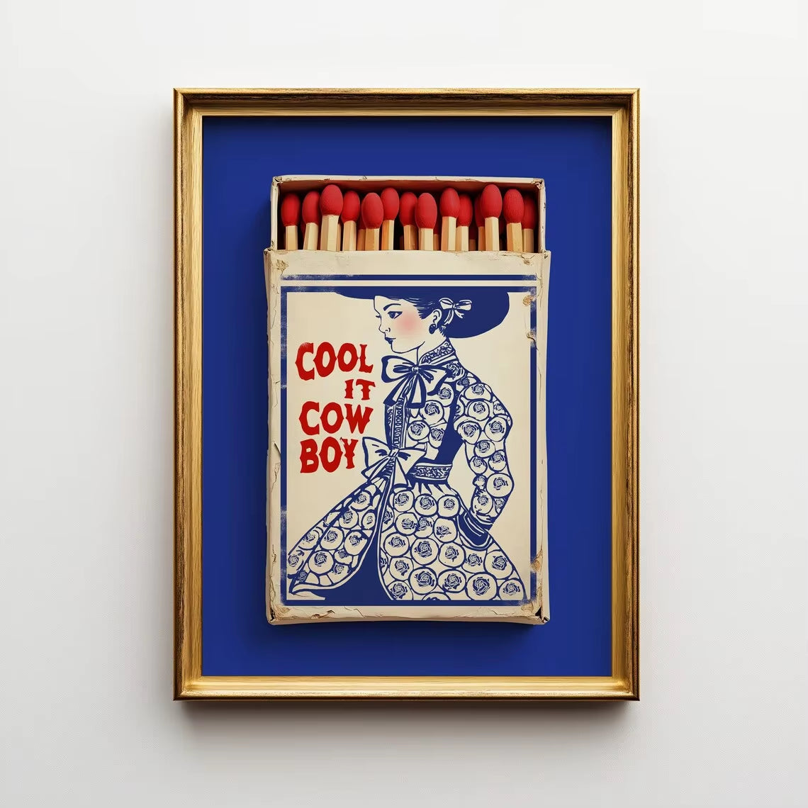 Cool It Cowboy Matchbook Print, Coastal Cowgirl Millennial Granddaughter Toile Chinoiserie Cobalt Blue White Poster Western Deco