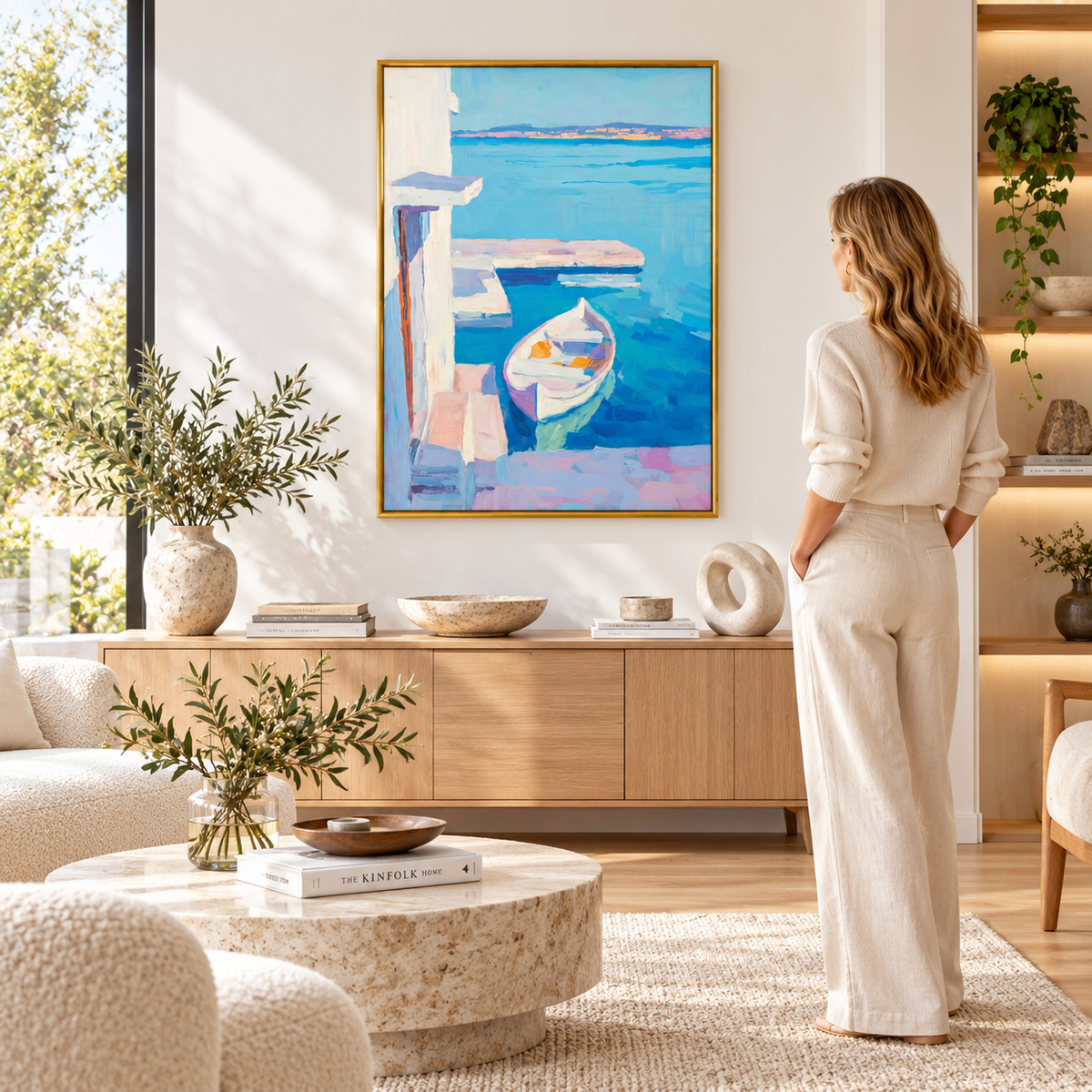 Blue Harbour Morning Coastal Boat Poster