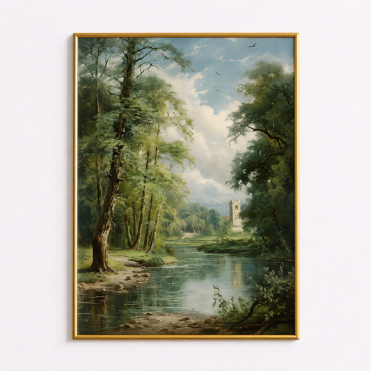 Riverside Abbey Poster – Tranquil Forest Landscape Wall Art