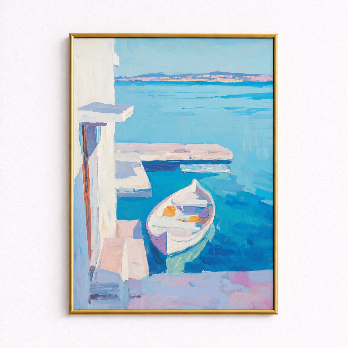 Blue Harbour Morning Coastal Boat Poster