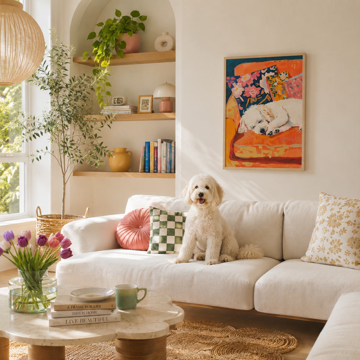 Floral Sofa Dreams – Sleeping Bichon Frise Poster
