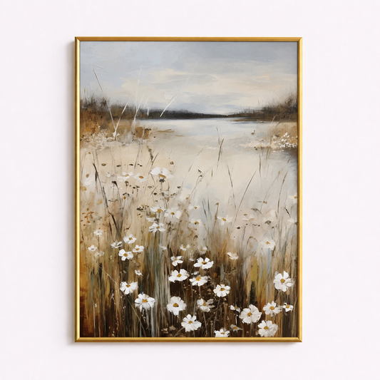 Meadow by the Lake Poster – Soft Floral Landscape Wall Art
