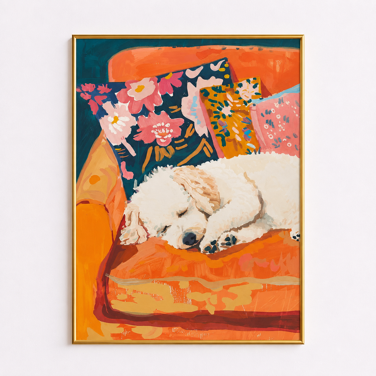 Floral Sofa Dreams – Sleeping Bichon Frise Poster
