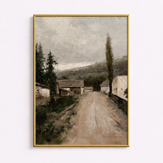 Quiet Village Road Poster – Rustic Countryside Landscape Wall Art
