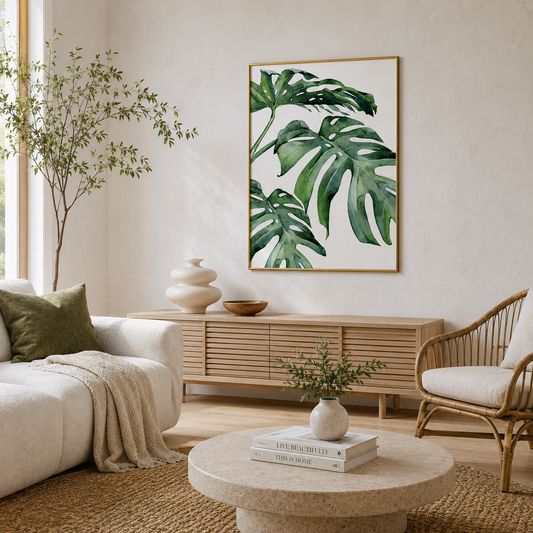 Watercolor Monstera Leaves Poster – Tropical Botanical Wall Art