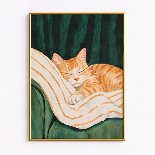 Cozy Ginger Sleeping Cat Art Poster