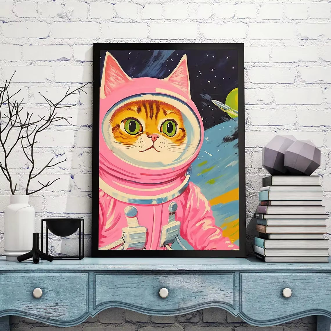 Cat Astronaut Poster, Funny Cat Canvas, Whimsical Cat in Space Wall Art, Cute Pink Cat Poster for Room Aesthetic, Colorful Kids