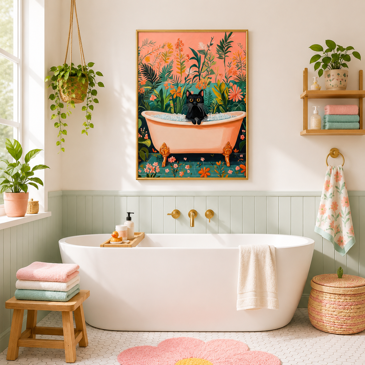 Black Cat Bubble Bath Poster – Tropical Bathroom Wall Art