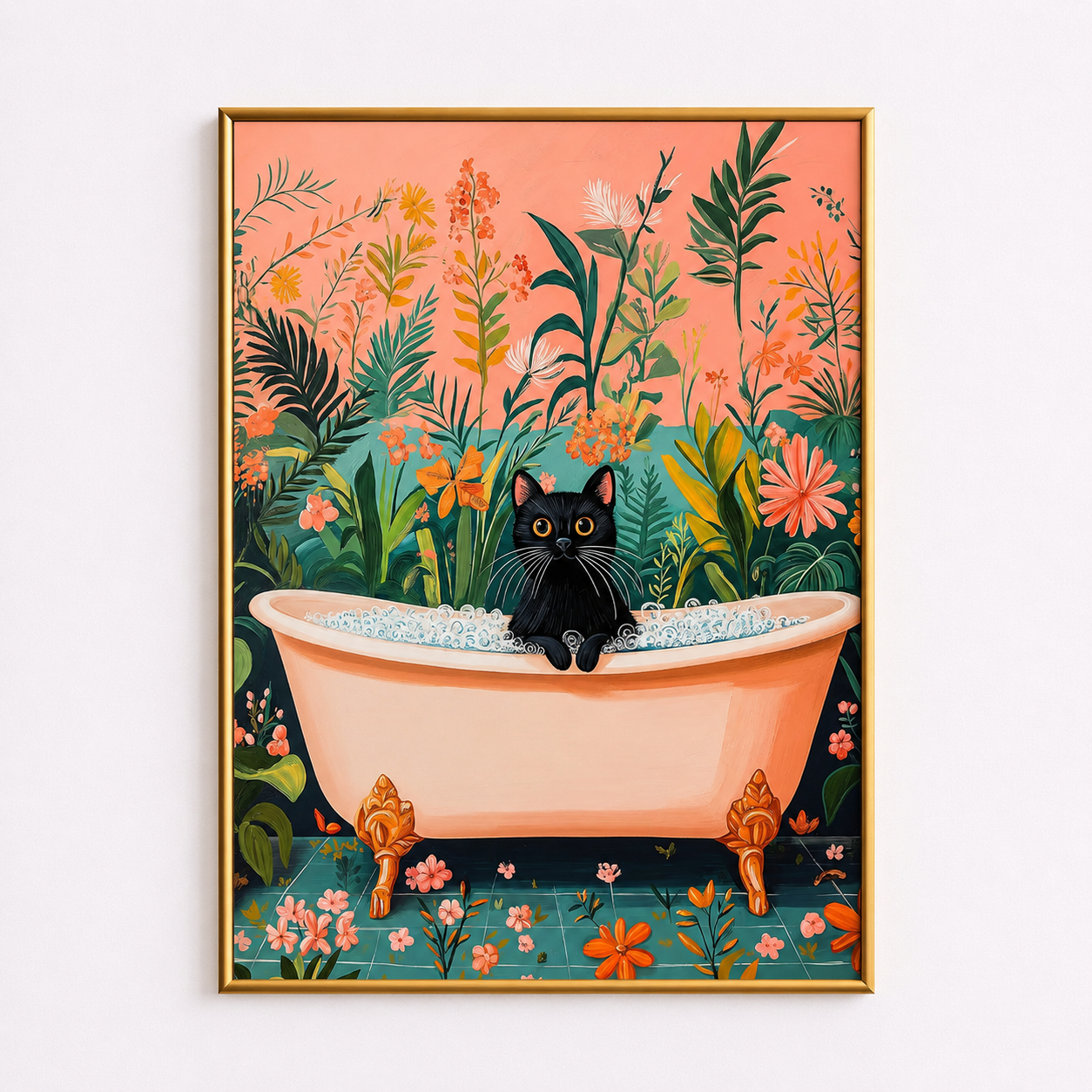 Black Cat Bubble Bath Poster – Tropical Bathroom Wall Art