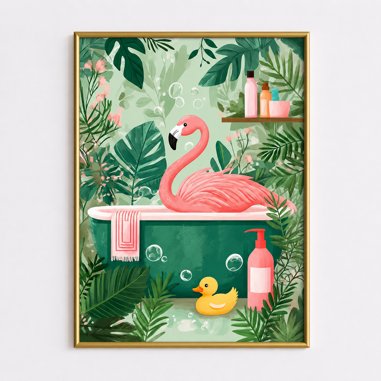 Flamingo Bubble Bath Poster – Tropical Bathroom Wall Art
