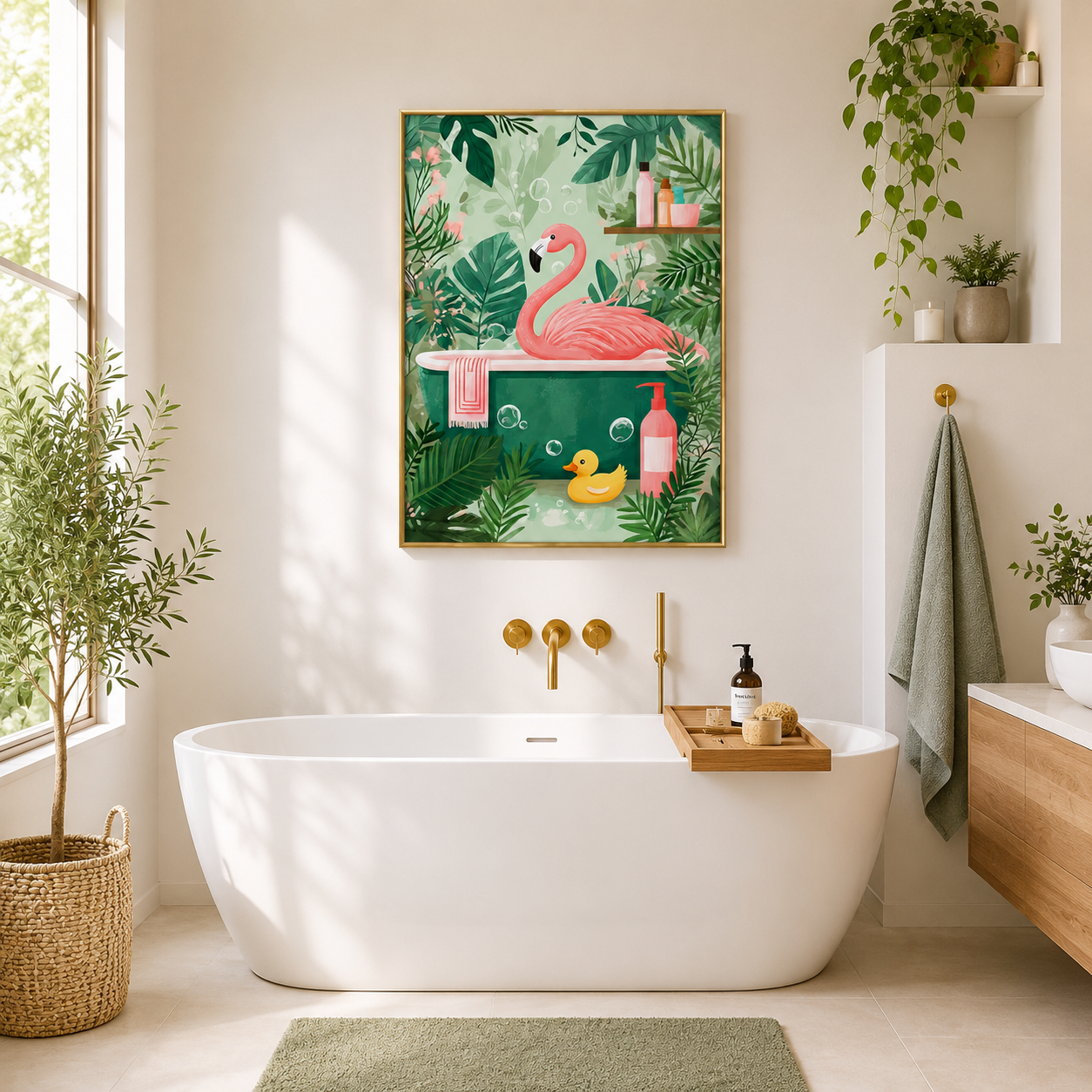 Flamingo Bubble Bath Poster – Tropical Bathroom Wall Art