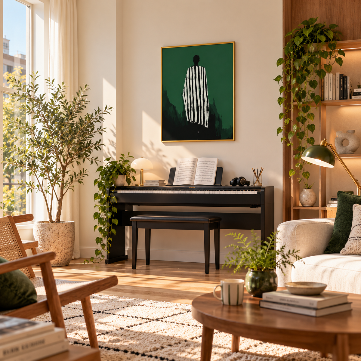 Into the Green Striped Figure Art Poster
