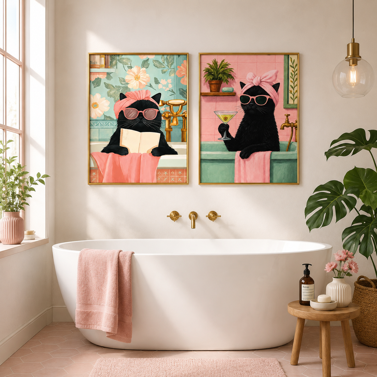 Black Cat Cocktail Bath Poster – Chic Bathroom Wall Art