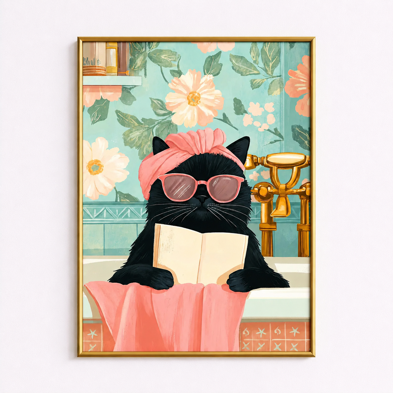 Black Cat Spa Reading Poster – Whimsical Bathroom Wall Art