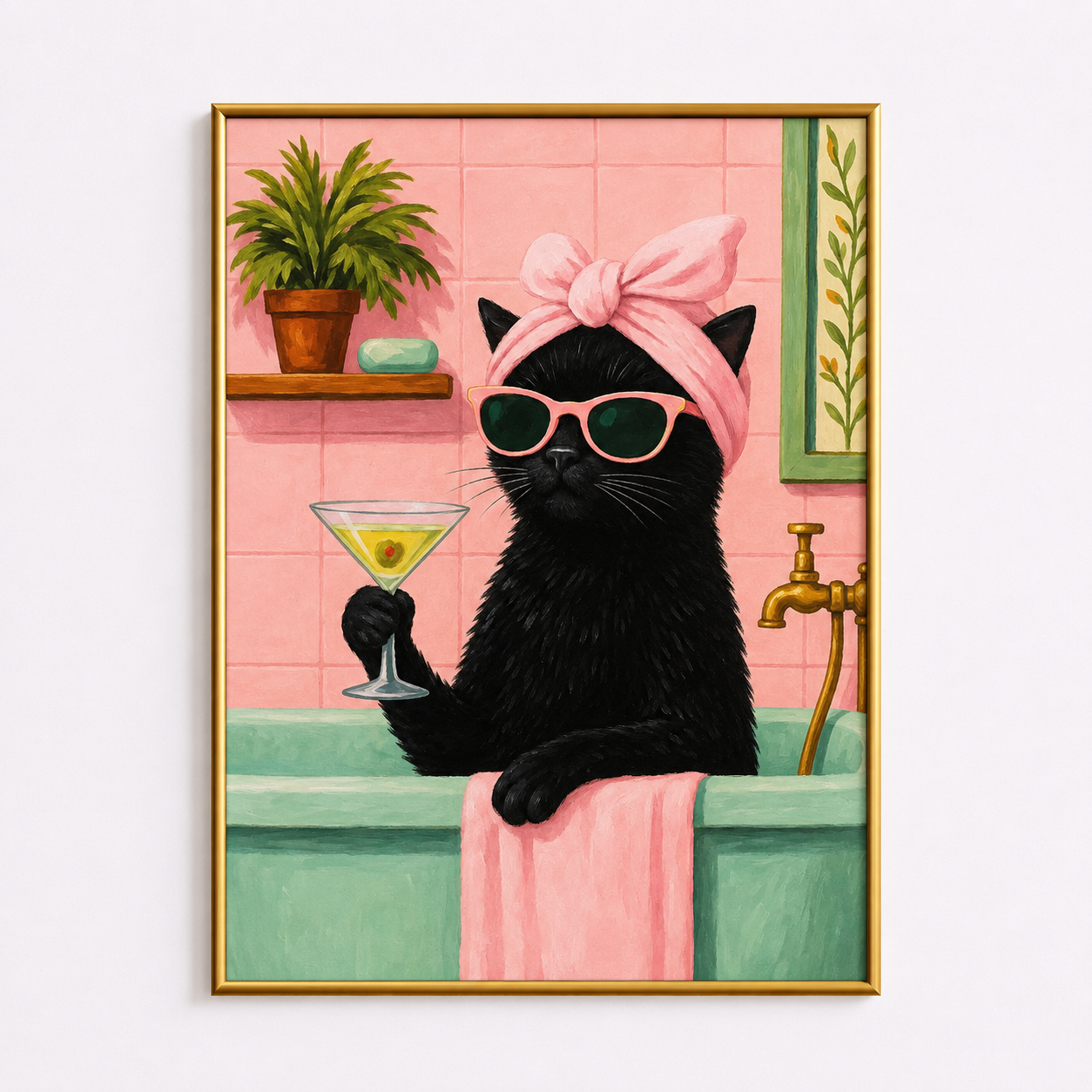 Black Cat Cocktail Bath Poster – Chic Bathroom Wall Art