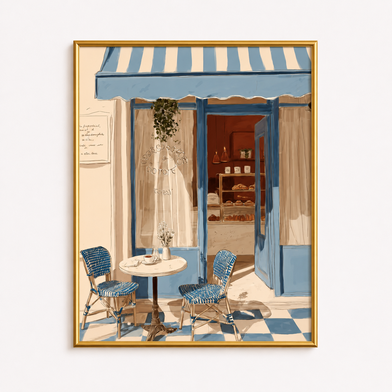 Blue Awning Café Poster – Mediterranean Café Wall Art